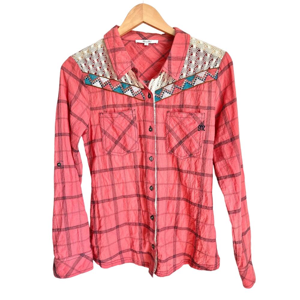 Miss Me Plaid Shirt Crochet & Beaded Accents